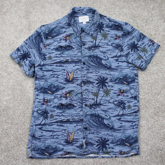 Lucky Brand AOP Camp Shirt Mens Small Blue Linen/Viscose Blend S/S Loop Collar - Picture 1 of 13